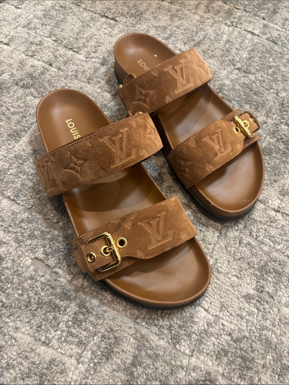 Louis Vuitton Tan Brown Suede Monogram Double-Strap Sandals
